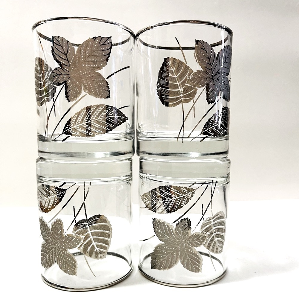 Libby MCM VTG Barware Rocks Glasses Set of 4 Tumblers Embossed Silver Leaves Rim - Picture 10 of 16